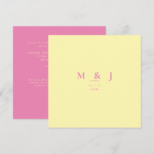 Invitation Mariage Carré contemporain rose et jaune (Devant / Derrière)