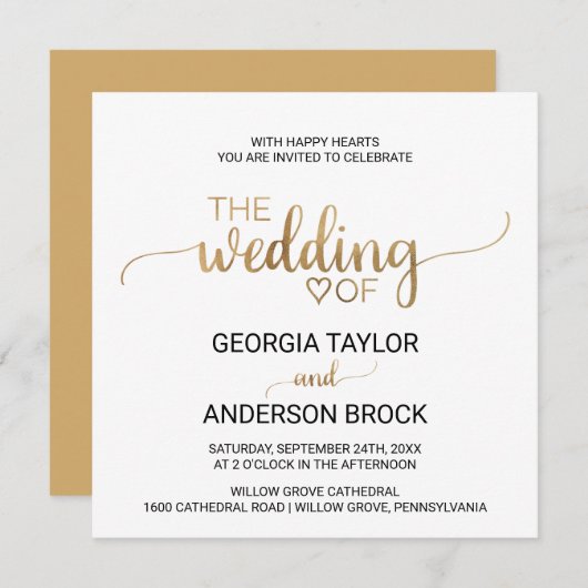 Invitation Mariage Carré de calligraphie or simple (Devant / Derrière)