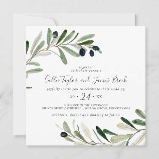 Invitation Mariage Carré de la Branche d'Olive moderne (Devant)