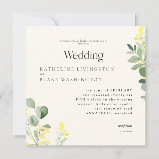 Invitation Mariage Carré de l'Eucalyptus Fleur sauvage jaune (Devant)