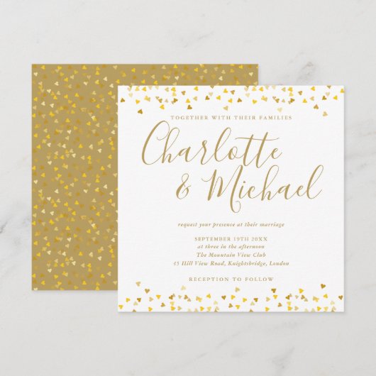 Invitation Mariage Carré de Script de Confettis à Cœurs Dorés (Devant / Derrière)