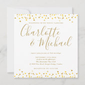 Invitation Mariage Carré de Script de Confettis à Cœurs Dorés (Devant)