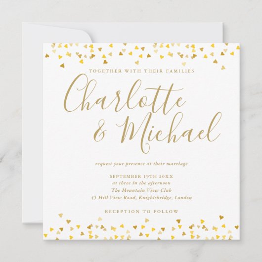 Invitation Mariage Carré de script de confettis de cœurs d'or (Devant)