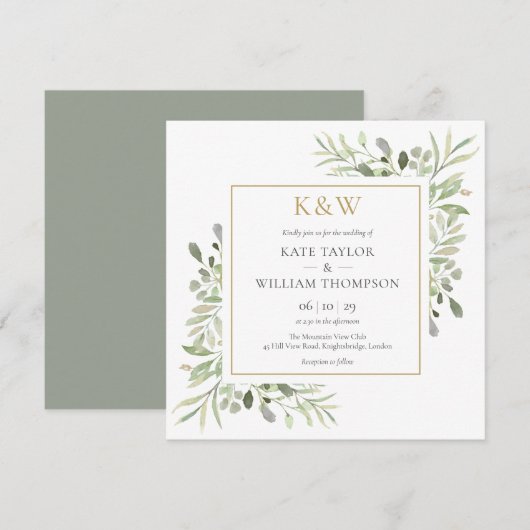 Invitation Mariage carré de verdure de monogramme doré (Devant / Derrière)