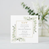 Invitation Mariage carré de verdure de monogramme doré (Debout devant)