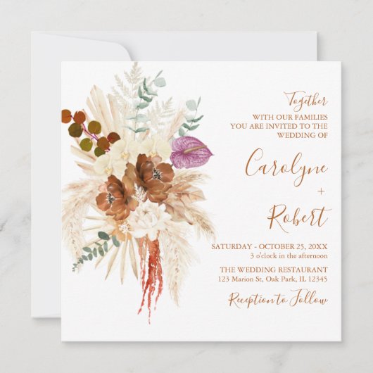 Invitation Mariage Carré en herbe Burange Bohemian Pampas (Devant)