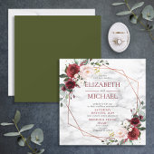 Invitation Mariage carré en marbre bordeaux géométrique cuivr