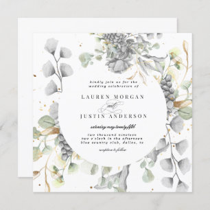 Invitation mariage carré floral or argent dramatique
