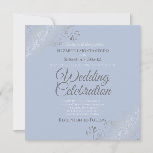 Invitation Mariage Carré gris bleu élégant Silver Filigree (Devant)
