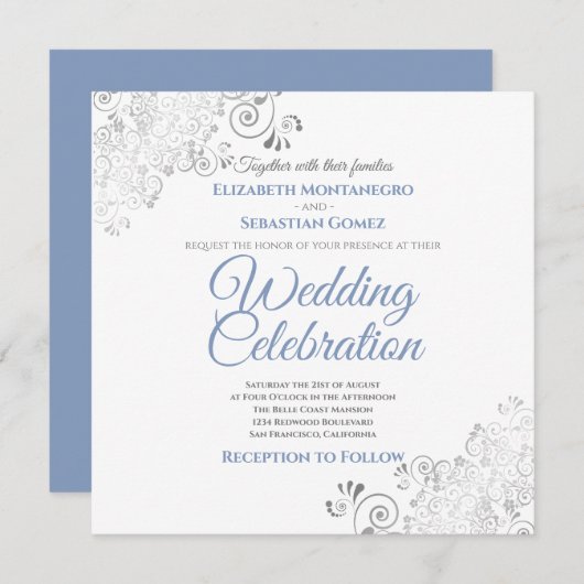 Invitation Mariage Carré gris bleu élégant Silver Filigree (Devant / Derrière)