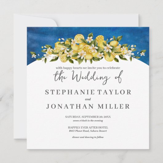 Invitation Mariage Carré Italia Blue Watercolor Lemon (Devant)