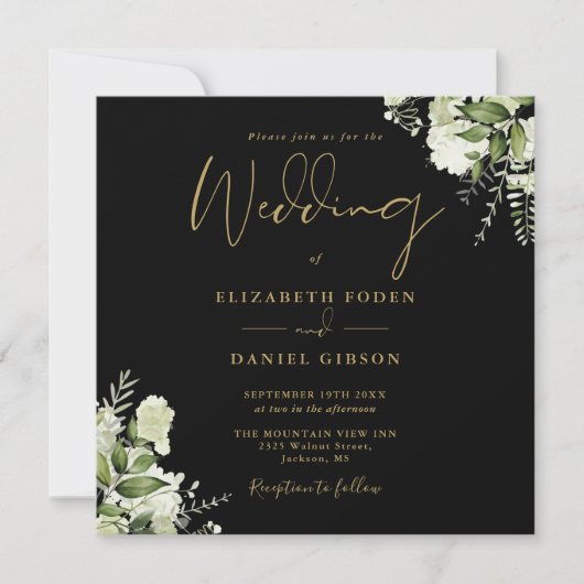 Invitation Mariage Carré Monogram Verte Noire Et Or (Devant)
