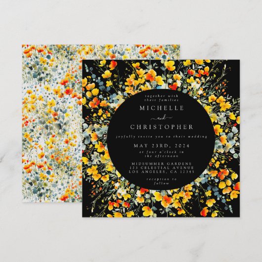 Invitation Mariage Carré noir floral brillant (Devant / Derrière)