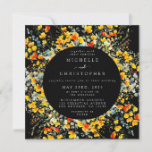 Invitation Mariage Carré noir floral brillant (Devant)