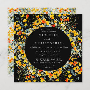 Invitation Mariage Carré noir floral brillant