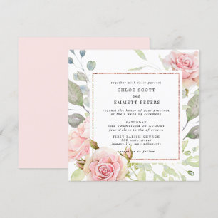 Invitation Mariage Carré rose rose Rose or