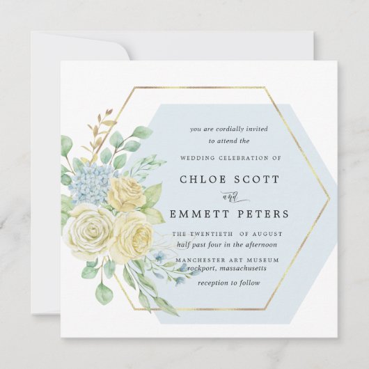 Invitation Mariage Carré Rustique Rose bleu Hydrangea (Devant)