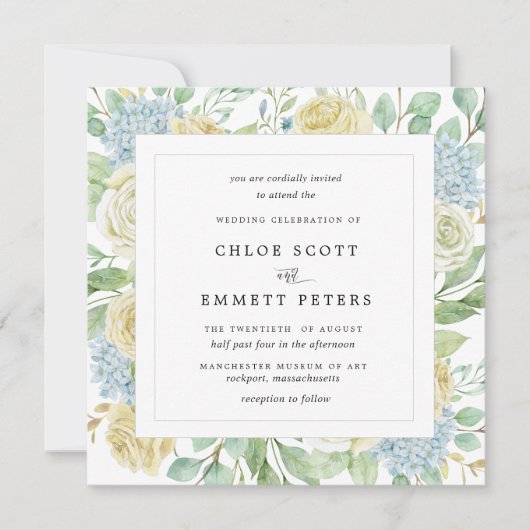 Invitation Mariage Carré Rustique Rose bleu Hydrangea (Devant)