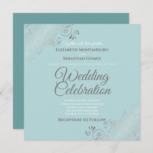Invitation Mariage Carré Turquoise Silver Filigree élégant (Devant / Derrière)