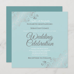 Invitation Mariage Carré Turquoise Silver Filigree élégant