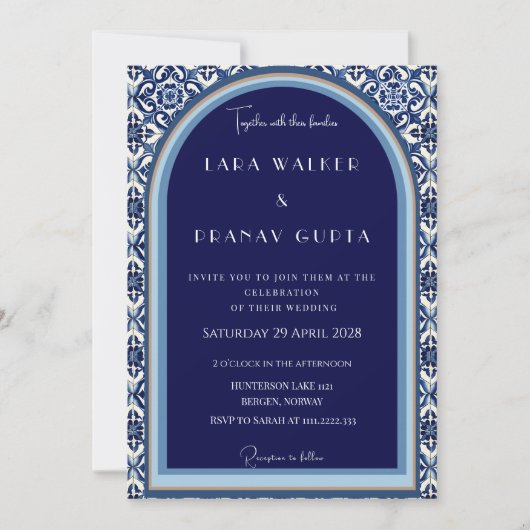 Invitation Mariage Carreau Espagnol Bleu Classique  (Devant)