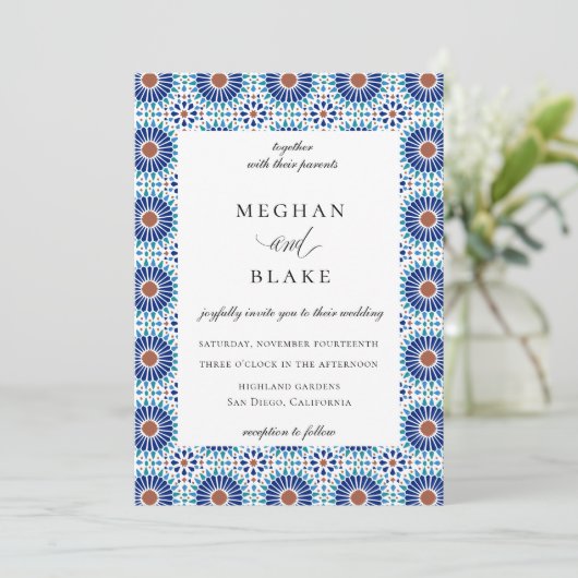 Invitation Mariage Carreau Géométrique Espagnol Chic Rustique (Debout devant)