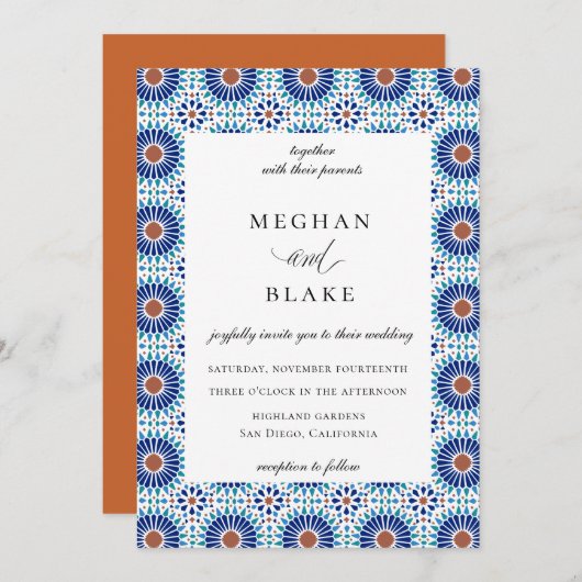 Invitation Mariage Carreau Géométrique Espagnol Chic Rustique (Devant / Derrière)