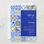 Invitation Mariage Carreau Rustique Bleu Jaune Blanc (Devant)