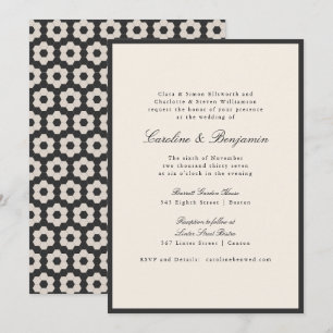 Invitation Mariage Carrelage Géométrique Écriture Ivoire Noir