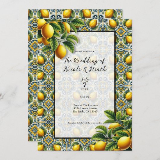 Invitation Mariage carrelage méditerranéen Capri jaune bleu c (Devant / Derrière)