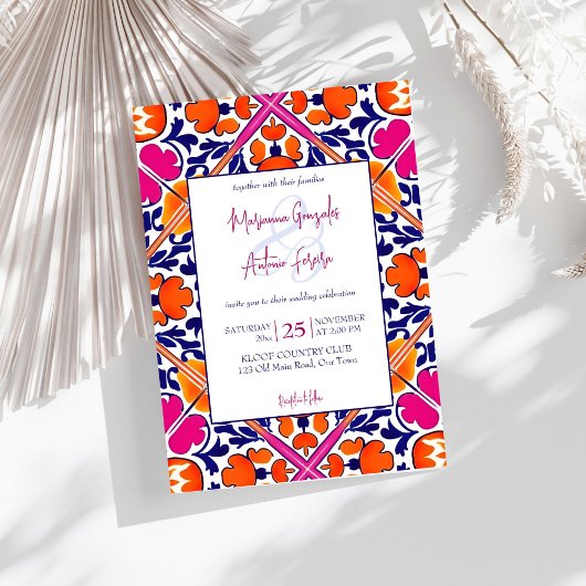 Invitation Mariage carrelage mexicain rose orange