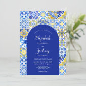 Invitation Mariage carrelage portugais rustique Arc bleu jaun (Debout devant)