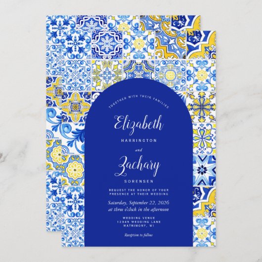 Invitation Mariage carrelage portugais rustique Arc bleu jaun (Devant / Derrière)
