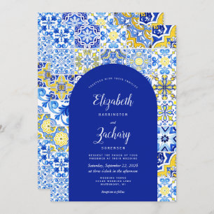 Invitation Mariage carrelage portugais rustique Arc bleu jaun