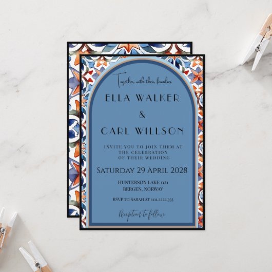 Invitation Mariage Carrelé Chic et Bleu Clair (Devant/Arrière en situation)