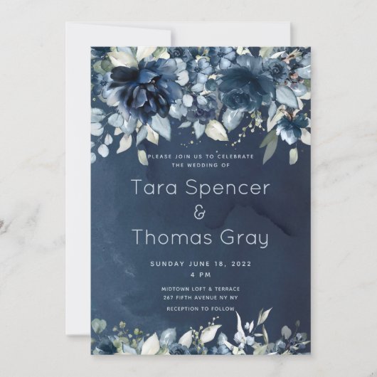 Invitation Mariage Cascading Navy Blue Peonies (Devant)