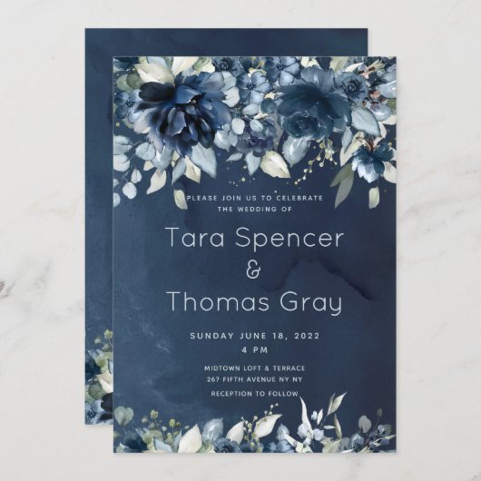 Invitation Mariage Cascading Navy Blue Peonies (Devant / Derrière)