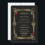 Invitation Mariage Casino Poker Glam Gatsby Las Vegas<br><div class="desc">Conception de cartes sur le thème du Casino Royale et de Gatsby le Magnifique. Elle présente un style art déco doré vintage, un cadre en faux or de style Hollywood ancien des années 1920, des cœurs rouges, les lettres Q et K dans deux coins (simulant des cartes à jouer), sur...</div>