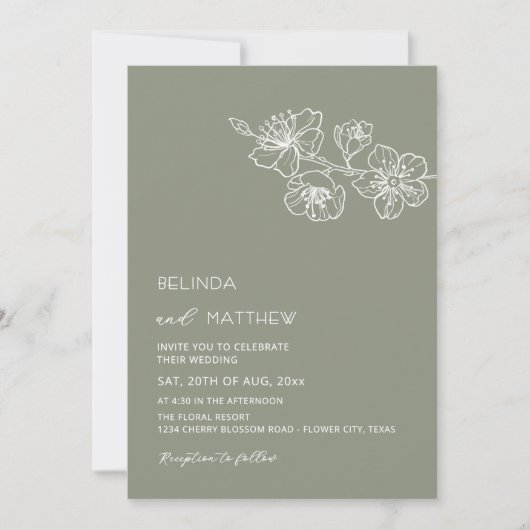 Invitation Mariage Casual Vert Sauge Fleurs Blanches (Devant)