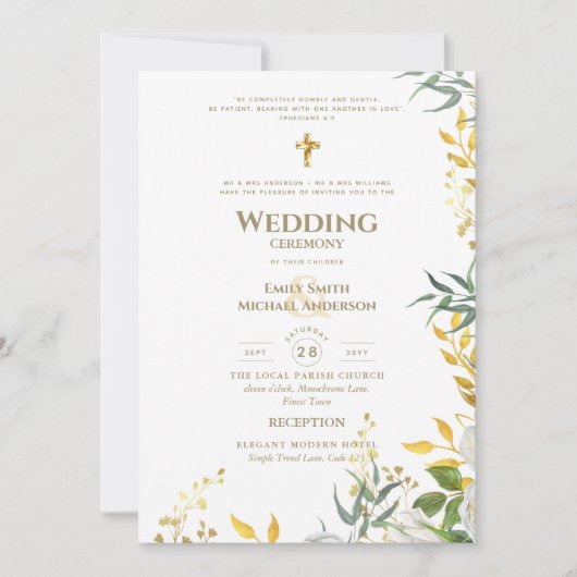Invitation Mariage Catholique avec Décoration de Fleurs Blanc (Devant)