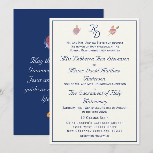 Invitation Mariage Catholique Deux Cœurs Bleu Marine (Devant / Derrière)