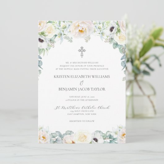 Invitation Mariage Catholique Élégant aux Fleurs Blanches ave (Debout devant)