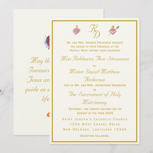 Invitation Mariage Catholique Élégant Crème Deux Cœurs