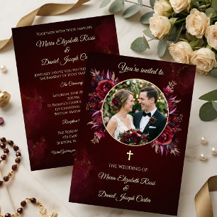 Invitation Mariage Catholique Floral Bourgogne avec Photo