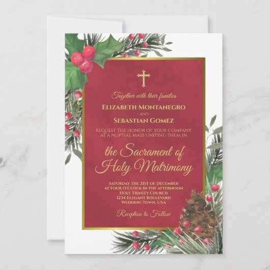 Invitation Mariage catholique moderne de Noël Holly & Pine (Devant)