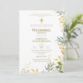 Invitation Mariage Catholique Tout-en-1 Blanc Or Feuillage (Debout devant)