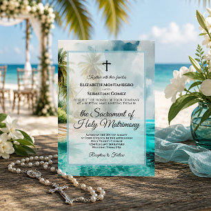 Invitation Mariage Catholique Tropical de Plage à l'Aquarelle