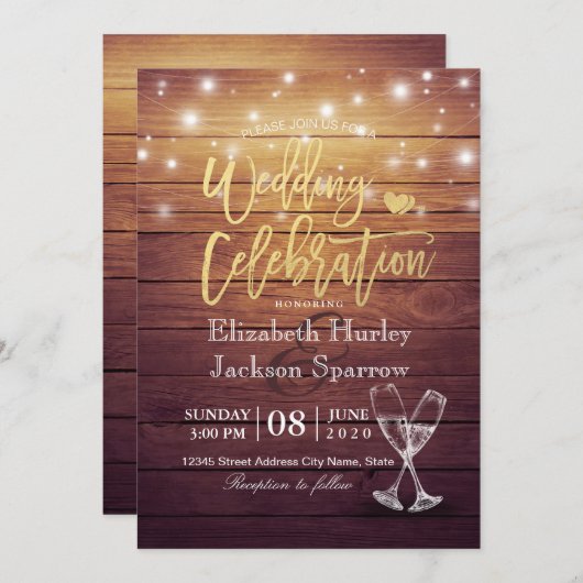 Invitation Mariage Célébration Champagne Lunettes de bois (Devant / Derrière)