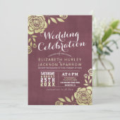 Invitation Mariage Célébration Or moderne Roses Bourgogne Rou (Debout devant)