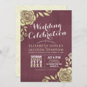 Invitation Mariage Célébration Or moderne Roses Bourgogne Rou (Devant / Derrière)
